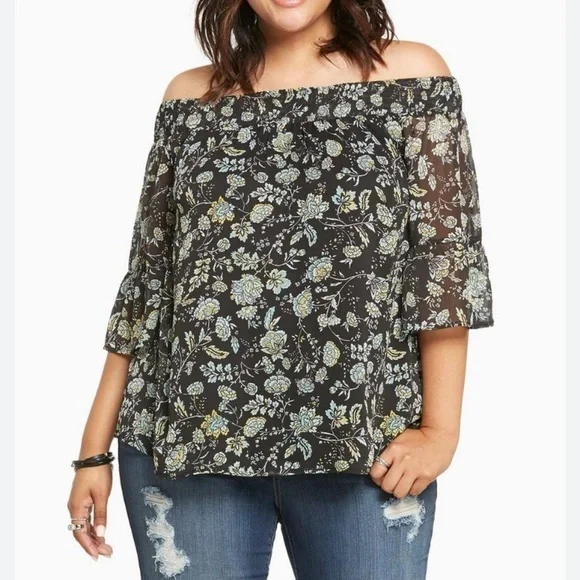 Torrid Off Shoulder Floral Chiffon Blouse 0X Black Blue Boho Peasant Top Plus - Picture 7 of 7